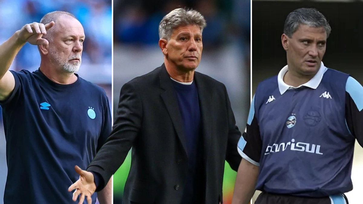 Montagem com fotos de Mano Menezes, Renato Portaluppi e Tite como técnicos do Grêmio