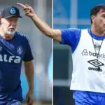 Montagem com fotos de Mano Menezes e Quinteros em treino do Grêmio