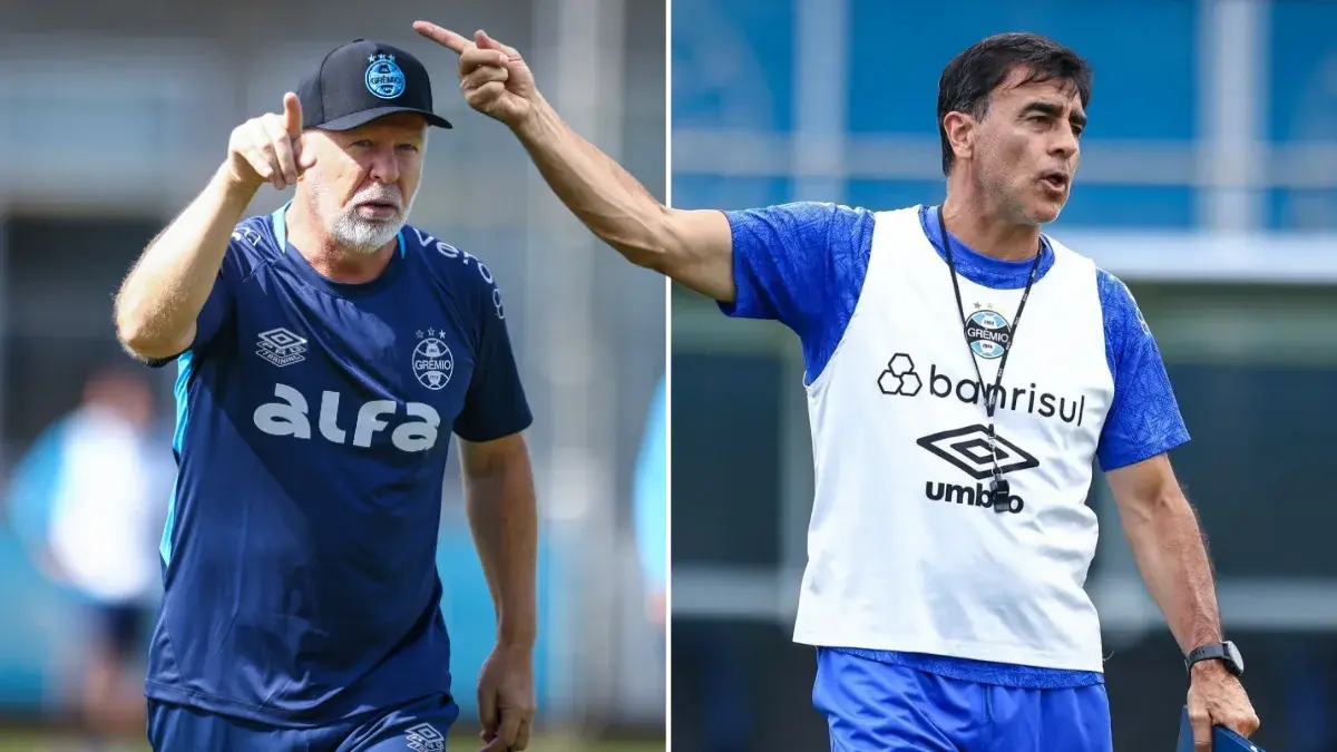 Montagem com fotos de Mano Menezes e Quinteros em treino do Grêmio