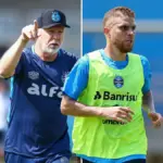Mano Menezes e volante Gustavo Cuéllar em treinamento do Grêmio