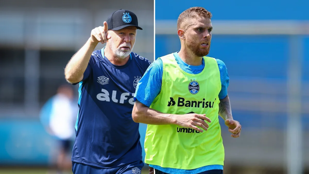 Mano Menezes e volante Gustavo Cuéllar em treinamento do Grêmio